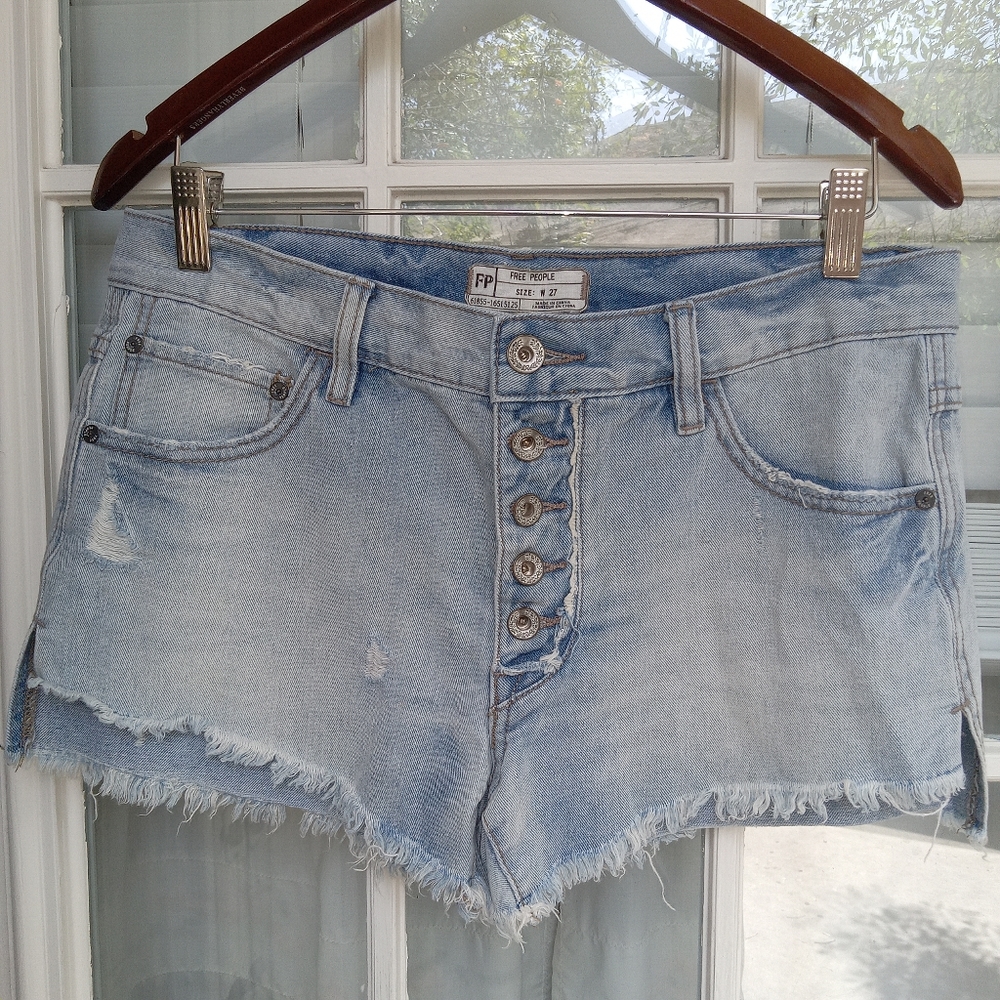 Free People Light Blue Distressed Denim Jean Shorts